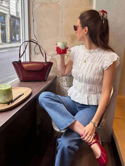 Pariaura Women's Pure White Textured Cap Sleeve Collared Shirt, Soft & Elegant White Ruffle Top White Boho Top White Elegant Top Lace White Top Eyelet Top