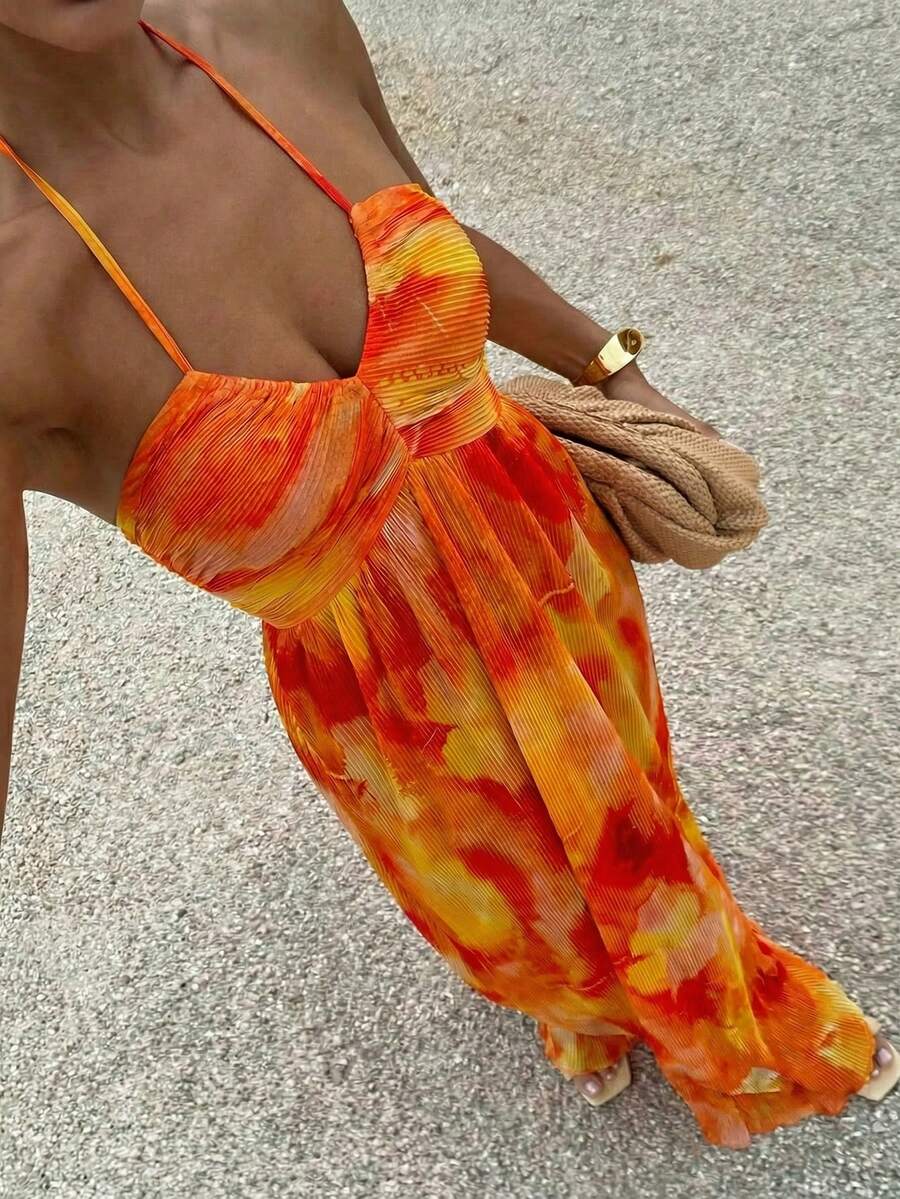Firerie Women's Tie-Dye Print Pleated A-Line Backless Flowy Maxi Dress, Pleated Print Dress, Floral Vacation A-Line Dress, V-Neck Tie Waist Backless Dress, Floral Dress, Sexy Backless Tie Strap Beach Dress, Spring/Summer Clothing, Beachwear, Sexy, Vacation, Beach, Hawaii, Boho, Resort, Bohemian, Dress Bikini Cover Ups Dress Beach Outfits Women Dress One Piece Swimsuit Women With Cover Up Beautiful Bathing Suit Cover Ups Bikinis Set With Cover Up
