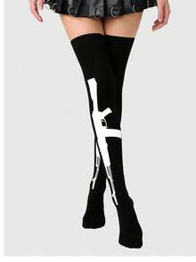 ROMWE Grunge Punk 1双暗黑朋克白色机关枪黑色过膝长袜 - 黑88色 - 查看 6