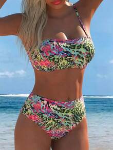 Swim Vcay Bộ bikini hai mảnh cạp cao, họa tiết ngẫu nhiên dành cho nữ, thích hợp cho mùa hè. - Nhiều màu - Xem 4