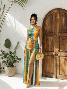 Lureya 女士时尚露背吊带性感镂空收腰紧身条纹扎染荷叶边开衩连衣裙，适合春夏度假穿着 - 彩色 - 查看 6