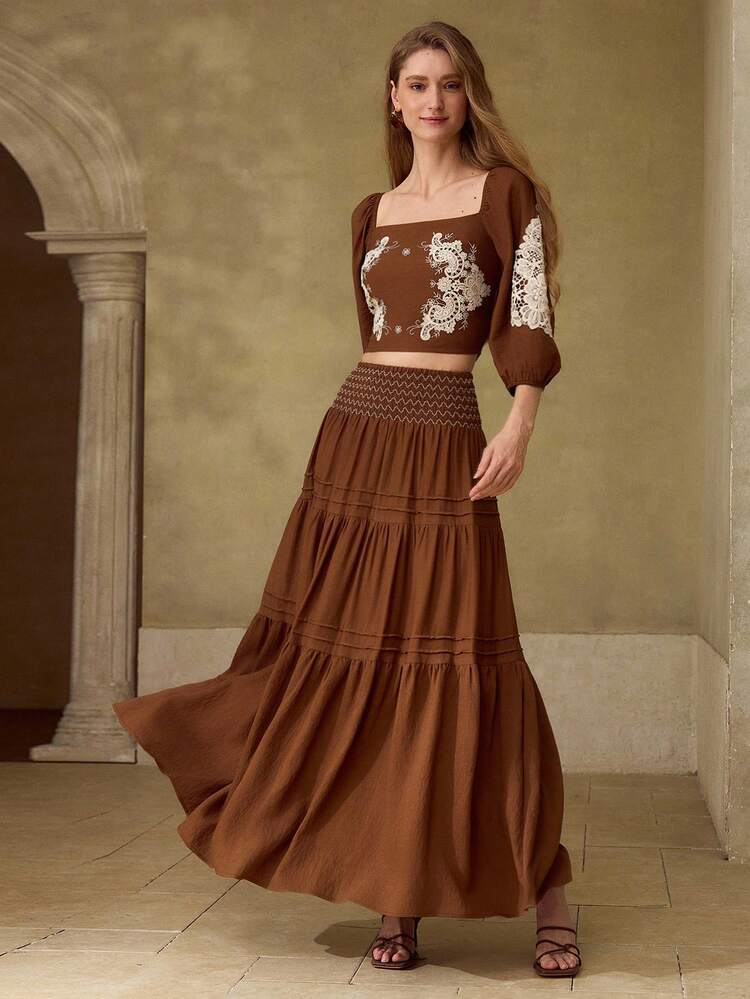 RUCHED RUFFLE HEM MAXI SKIRT, VACATION STYLE
