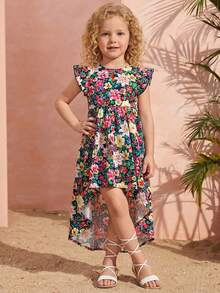 SHEIN Young Girl Chiffon Ditsy Floral Round Neck Ruffle Hem Casual Dress - Multicolor - View 4