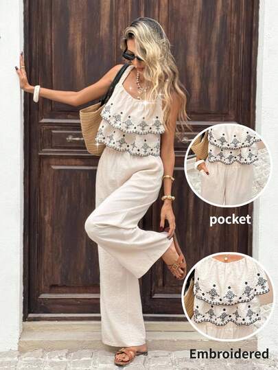 SHEIN Frenchy 女士花卉刺绣荷叶边吊带背心和阔腿裤两件套，度假装