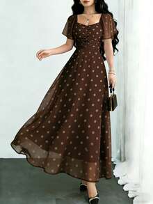 Modelyn 波点印花时尚方领短袖设计女士简约长连衣裙，夏季收腰优雅长裙，适合夏季度假和日常穿着 - 彩色 - 查看 3