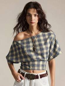 2026 Blusa casual holgada de manga de murciélago a cuadros para mujer, blusa asimétrica de hombro a cuadros, blusas de manga corta retro en múltiples colores - Multicolor - Ver 3