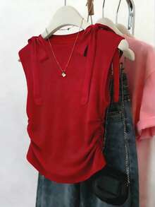 Franclia 优雅红色女士T恤，肩部饰有蝴蝶结系带，修身设计，腰部有褶皱。 - 紅色 - 查看 1