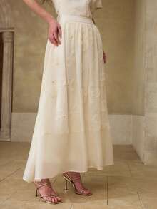 MOTF PREMIUM SPRING/SUMMER NEW BEADED EMBROIDERY PATCHWORK FABRIC A-LINE SKIRT, CLASSIC VERSATILE WOMEN'S SKIRT - Apricot - View 6