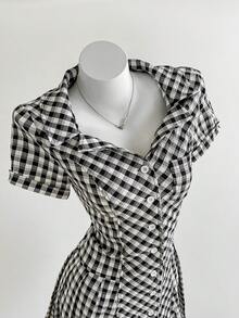 Elamini Plaid Front Button Fitted Stylish Summer Mini Dress - Grey - View 5