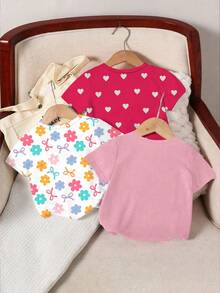 SHEIN 3件套女婴上衣，白色、玫瑰红、粉色，印有爱心、花朵、蝴蝶图案，适合外出、春、夏、秋季、日常百搭，花卉图案，乡村度假休闲舒适套装 - 彩色 - 查看 2