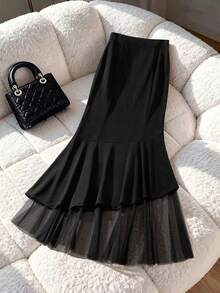 GlowEve Women's Black High Waist Slimming Elegant Fashion Elegant Versatile Double-Layer Fishtail Hem Skirt, Summer - Black - View 2
