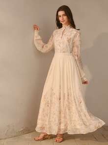 MOTF PREMIUM WOMEN'S SPRING/SUMMER FRILL COLLAR LONG SLEEVE FLORAL  LYOCELL ELEGANT ROMANTIC BLOUSE - Apricot - View 3