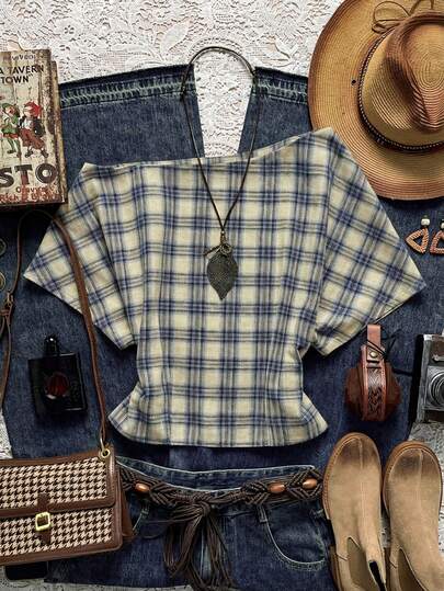 Easelle 2026 Women's Plaid Batwing Sleeve Casual Loose Top, Asymmetric Shoulder Plaid Blouse, Retro Short Sleeve Tops In Multiple Colors,Summer Top