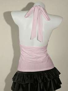 SHEIN ICON 露背吊带深V领收腰A字裙 - 粉色 - 查看 2