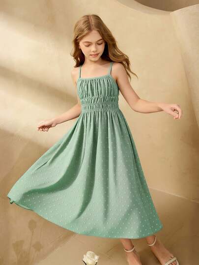 SHEIN Girls' Green Jacquard Weave Spaghetti Strap Dress, Fashionable & Elegant For Daily Wear, Graduation, Wedding And Other Occasions