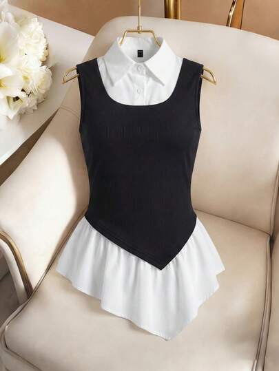 Franclia 黑色针织拼接白色梭织半身裙套装，柔软与挺括兼具，修身又可爱。适合简约通勤和春节假期穿着，日常或聚会皆可，百搭实用。