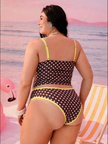 Swim Mod 2026新款加大码女式两件套随机几何印花时尚度假休闲简约显瘦端庄蝴蝶结可调节粗肩带高腰高开衩三角比基尼泳衣 - 棕色 - 查看 2