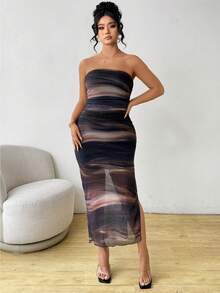 SHEIN PETITE CURVE 大码扎染网纱无肩带开衩修身连衣裙 - 棕色 - 查看 3