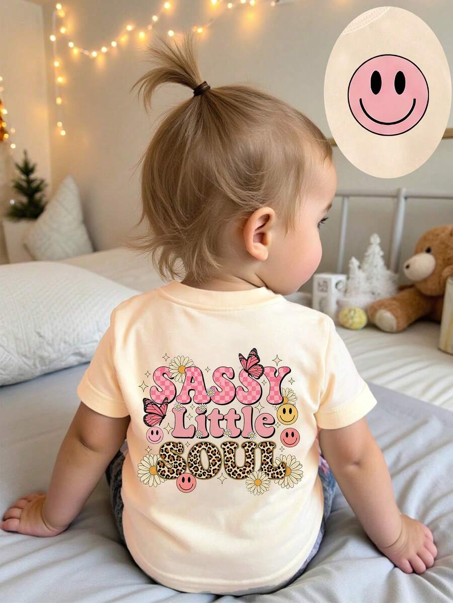 春夏女嬰休閒時尚創意個性清新極簡可愛卡哇伊卡通臉格紋滑板閃電星形圖案字母標語印花休閒基礎圓領短袖上衣,舒適日常穿著 - 米色 - 查看 1