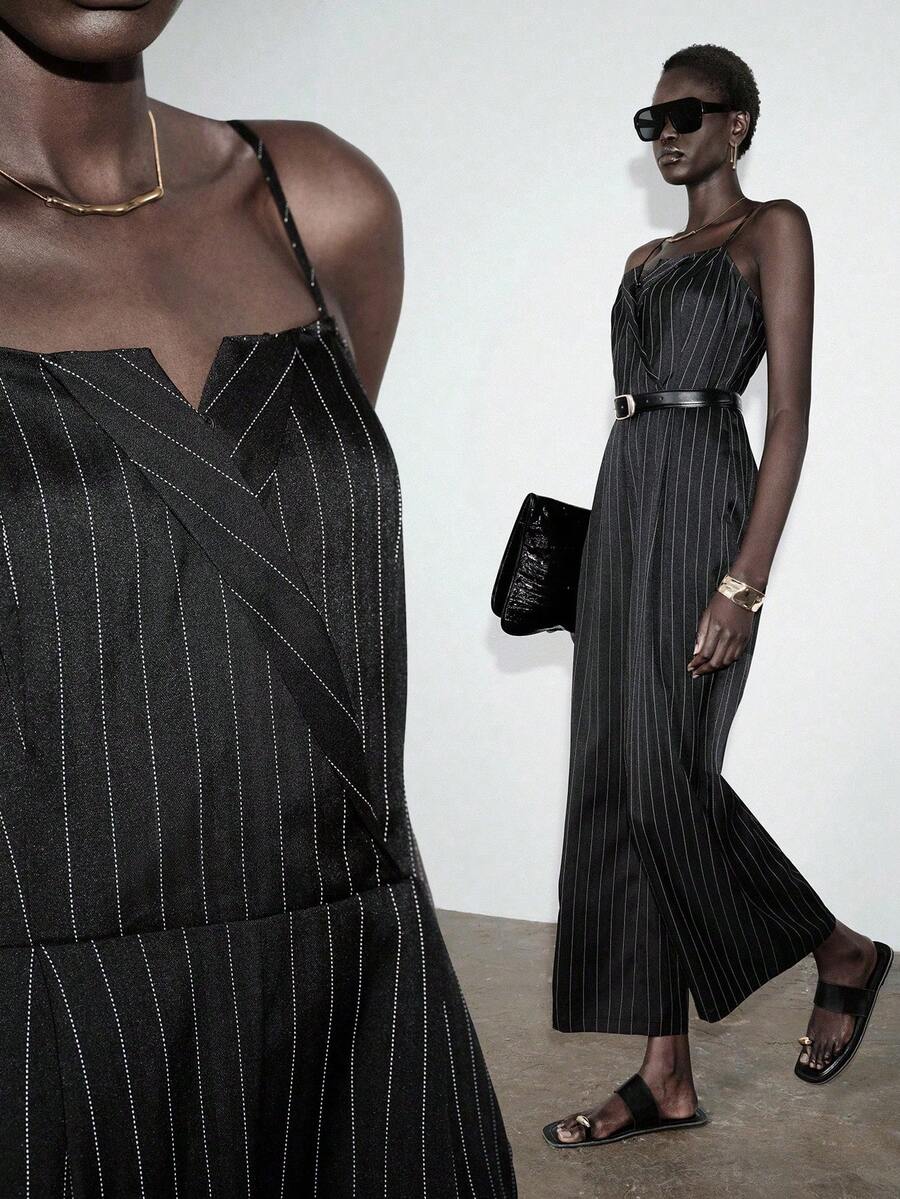 Lumivelle 女士时尚休闲前开衩及中开衩吊带无袖修身阔腿条纹连体裤，春夏款 - 黑色 - 查看 1