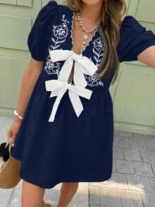 2026 Vestido mini de moda con estampado floral, mangas abullonadas cortas y nudo delantero para mujeres - Azul marino - Ver 7