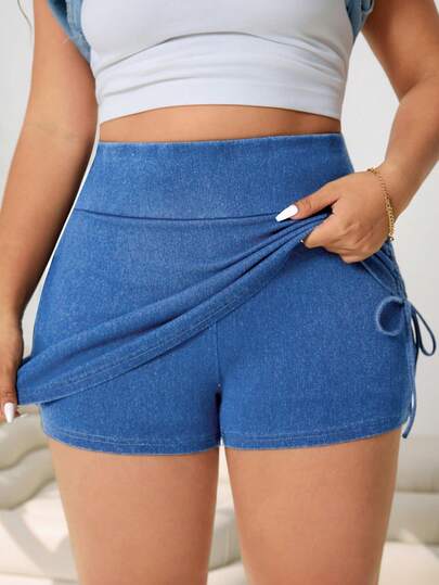 Solflare 大码女式高腰侧抽绳休闲牛仔短裙