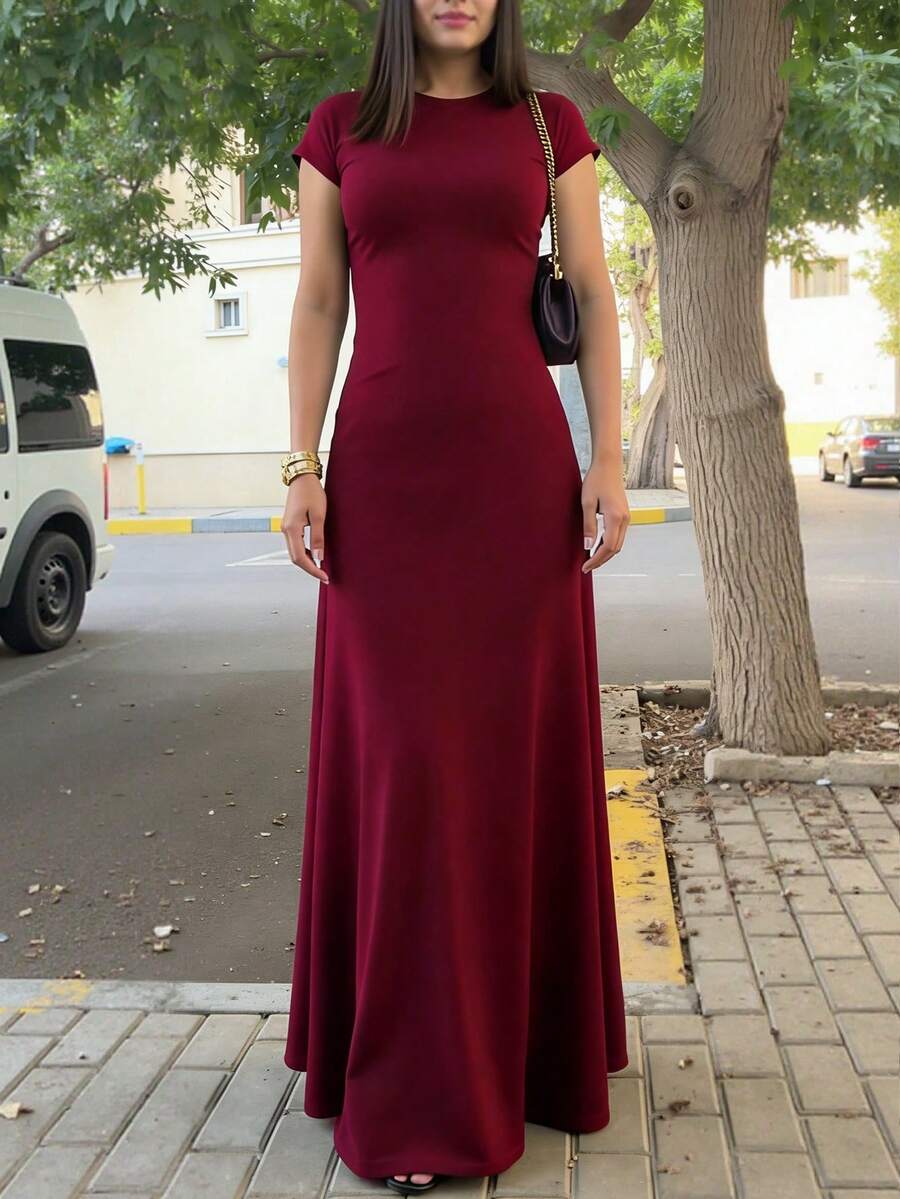 INAWLY Solva Gaun Pesta Panjang Wanita Warna Polos, Leher Bulat, Elegan, dan Pinggang Terikat - Burgundy - View 1