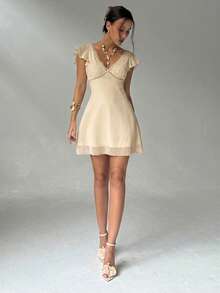 Aloruh Elegant Sexy Charming Ruffle Sleeve A-Line Deep V-Neck Backless Mini Dress For Women,Summer Dresses For Women - Beige - View 4