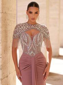 Glamrae Bộ đồ bơi sang trọng và tinh tế màu hồng sen đính hạt cườm, phối lưới, chất liệu dệt kim co giãn, kèm váy đuôi cá xếp ly và áo khoác, thích hợp cho đám cưới, tiệc tùng, kỳ nghỉ, dạ hội (thiết kế bền chắc). - Bụi hồng - Xem 1