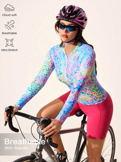 Core Rhythm Women's Leopard Print Long Sleeve Zipper Front Cycling Jersey
