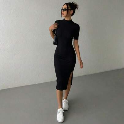 Vestido casual de mujer, mangas medianas, cuello alto, abertura en la pierna, cómodo, té por la tarde, playa, fiesta, festival de música,Ropa de punto para mujer, vestido