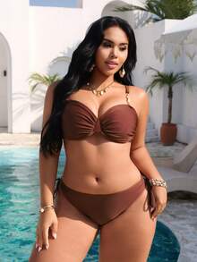 Swim Chiccia Plus Size Women 2 Pieces Bikini Set Set, Steel Bra Bikini Swimwear For Summer Holiday - Coffee Brown - View 4