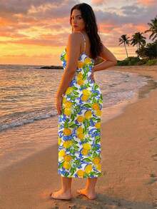 Veykashi Casual Minimalist Full-Print Fresh Lemon Fruit Pattern Bodycon Cami Maxi Dress, Suitable For Summer, Beach Vacation, Graduation Season, Spring Break - Yellow - View 4