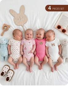 4件套新生女宝宝夏季可爱针织卡通兔子和碎花连体衣套装 - 彩色 - 查看 9