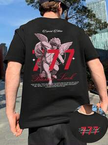 Manfinity Dauomo Vintage American Angel 777 热转印 T 恤，男士“幸运”加大码短袖上衣，街头风 Angel 图案百搭加大码衬衫 - 黑色 - 查看 1