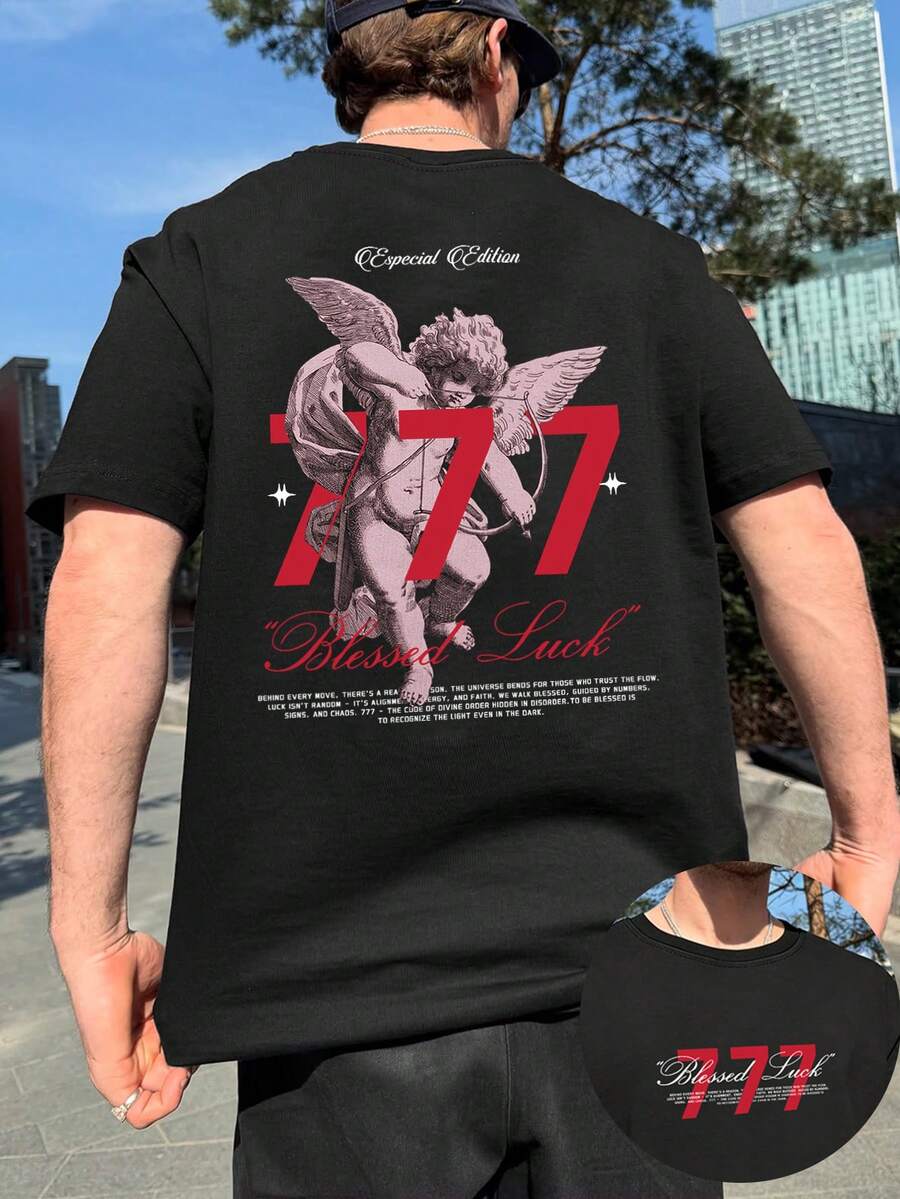 Manfinity Dauomo Vintage American Angel 777 热转印 T 恤，男士“幸运”加大码短袖上衣，街头风 Angel 图案百搭加大码衬衫 - 黑色 - 查看 1