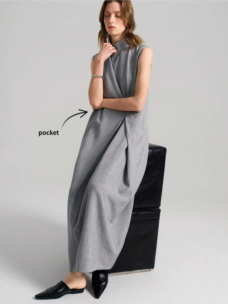2026SS Women's Extra Long Sleeveless Gray Dress, Wrap Dress, Minimalist Dress, Casual Loose Asymmetric Design Woven Fabric Solid Color Turtleneck Sleeveless Dress With Tie Waist, Suitable For Office, Teacher, Back To School, Fashion Versatile