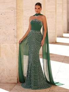 Glamrae 优雅奢华亮片水钻装饰仿珍珠吊带美人鱼连衣裙，配有可拆卸颈带，适合婚礼、派对、度假、晚宴、正式场合（装饰繁复） - 綠色 - 查看 3