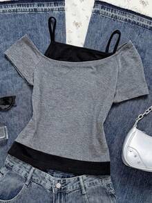 SHEIN Kinder Sommer Y2K Kontrast Farbe Träger Off-Shoulder Casual T-Shirt für Teenager Mädchen, geeignet für Sommer, Urlaub, Lässig, Zuhause, BM Stil anliegendes Gym Top Damen Tops für Sommer Teenager Mädchen Kleidung Tops Off-Shoulder Gym Top - Verschiedenfarbig - Übersicht 3