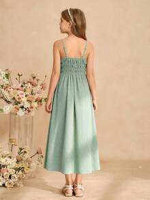 SHEIN Đầm hai dây màu xanh lá cây dệt jacquard dành cho bé gái, thời trang và thanh lịch, thích hợp mặc hàng ngày, dự lễ tốt nghiệp, đám cưới và các dịp khác. - màu xanh lá - Xem 2