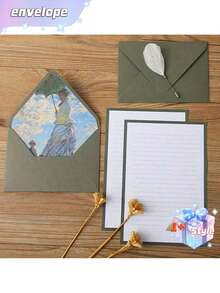 SHEIN 16 Green Set Of Oil Painting Envelopes Containing 6 Envelopes And 10 Pieces Of Writing Stationery For Making Invitations And Greeting Cards Gift Greeting Cards Writing Letters New Year's Gifts - Green - View 3