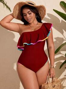 Swim Lushoire Plus Size Women's Ruffled One-Piece Swimsuit, Fashionable For Summer Vacation - Red - View 5