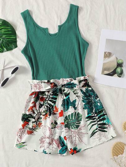 SHEIN Mono estilo bohemio para adolescentes, estampado floral verde y blanco, vibra tropical, diseño de cintura tipo paper bag, sin mangas, adecuado para usar en vacaciones de primavera/verano