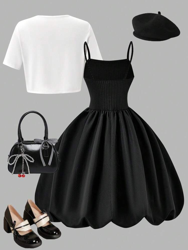 Cute Black And White Summer Matching 2-Piece Set,Girl Tie Front Cropped Cardigan & Tie Strap Puff Sleeve Midi Dress,Family Vacation Sweet Daily Date - Black - View 2