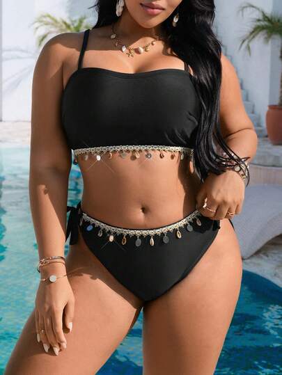 Swim Vcay Bộ bikini hai mảnh màu đen trơn thời trang dành cho nữ cỡ lớn năm 2026, thích hợp cho kỳ nghỉ, mặc hàng ngày, thường ngày, đính sequin và ruy băng, cạp cao, kiểu tam giác, dây đeo rời, gợi cảm.