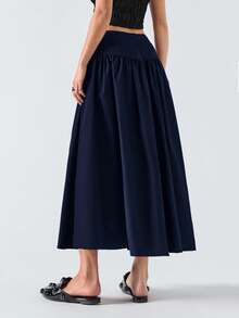 LYSMO 女士纯色百褶休闲百搭约会外出迷你裙 - 藏蓝色 - 查看 2