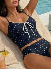 Swim Mod 女士蕾丝波点扭结吊带背心式比基尼套装，含三角裤，适合外出、海滩、下午茶野餐、派对等场合。 - 黑與白 - 查看 5