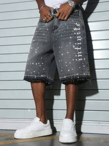 Manfinity EMRG 男士奢华美式街头风印花水钻装饰袖口水洗宽松灰色牛仔七分短裤 - 灰色 - 查看 3