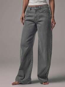 MUSERA 中腰宽松版型黑色水洗银色纽扣牛仔裤，中腰休闲，适合秋季、冬季、夜间外出、返校、办公室、工作、约会等场合，是春夏必备的经典牛仔单品。 - 灰色 - 查看 4