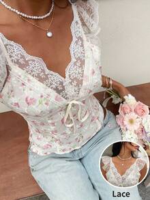 SHEIN Frenchy 女士优雅印花蕾丝拼接衬衫，夏季 - 彩色 - 查看 4